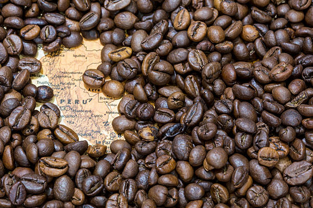 A map of Brazil, the worlds largest exporter of coffee beans, made out of coffee beans, isolated on a white background.