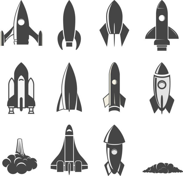 Set of the vector rockets. Set of the vector rockets. Spaceships silhouettes collection. Label and emblem design template. Vector illustration. rocketship silhouettes stock illustrations