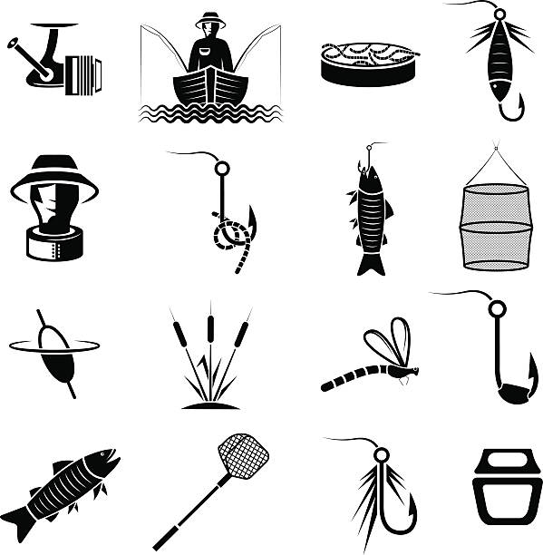 illustrazioni stock, clip art, cartoni animati e icone di tendenza di vector set di icone sul tema della pesca - fish tank