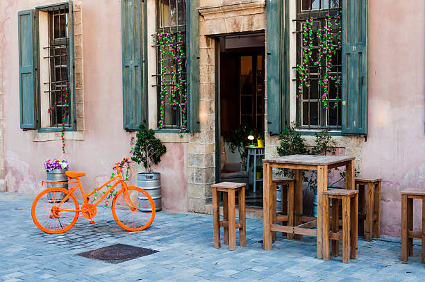 Paris street and bicycle, traditional restaurant front window