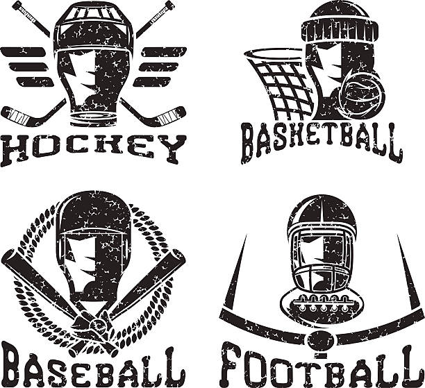 ilustraciones, imágenes clip art, dibujos animados e iconos de stock de deporte vintage grunge vector conjunto de etiquetas - baseball men classic adult