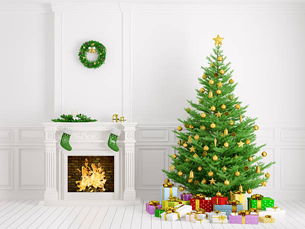 intérieur classique avec arbre de noël et cheminée – représentation en 3d - new year wall decoration gift photos et images de collection