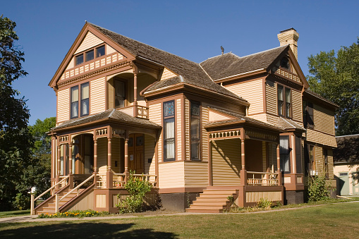 Moorhead, Minnesota – August 19, 2006: Exterior view of the historic 1882 home of Solomon Comstock, and childhood home of Ada Comstock, the first dean of women at the University of Minnesota and later president of Radcliffe College.