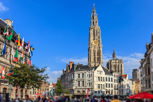 Antwerp is the most populous city in Flanders. Among the beautiful ancient buildings of its old town, stand out the 123 metres high spire of the Gothic style Cathedral of Our Lady and the City Hall, erected between 1561 and 1565. Both are listed in the Unesco World Heritage Site.