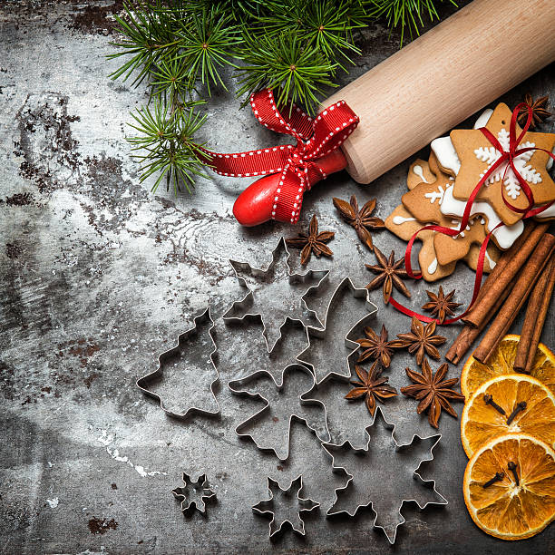 istock Christmas tree branches, cookies and baking ingredients. Vintage style 498172610