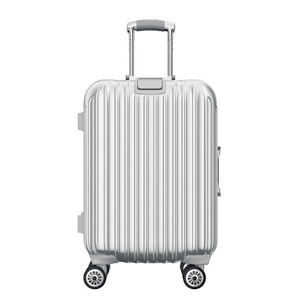 silver valigia per viaggiare, vista frontale - valigia a rotelle foto e immagini stock