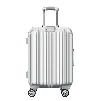 Silver suitcase for travel, front view. 3D graphic object isolated on white background