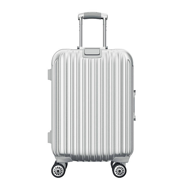 Silver suitcase for travel, front view Silver suitcase for travel, front view. 3D graphic object isolated on white background wheeled luggage stock pictures, royalty-free photos & images