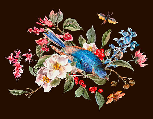 istock Vintage Greeting Card with Pink Flowers, Beetles and Birds 498186398