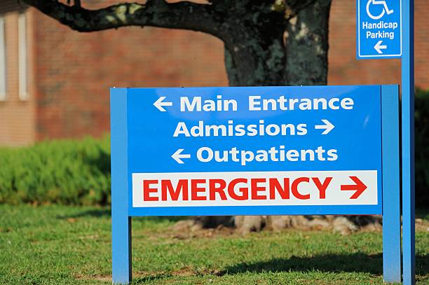 Main entrance admissions outpatients emergency room sign stock photo