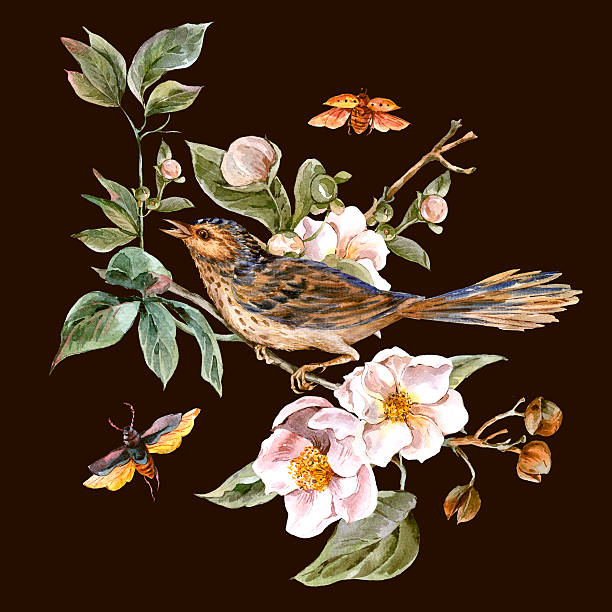 istock Vintage Greeting Card with Blooming Apple Trees and Birds 498186686