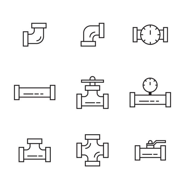 Pipes and fittings Pipes and fittings, tap. Vector icons lineart. Sewage and Drainage pipeline stock illustrations