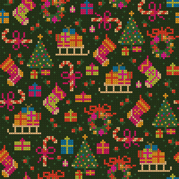 seamless christmas cross stitch pattern vector art illustration