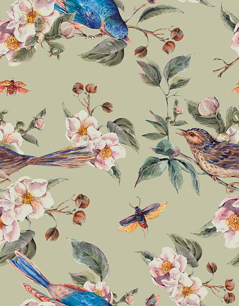 watercolor bezszwowe tło wiosna z ptaków - victorian style frame picture frame wreath stock illustrations
