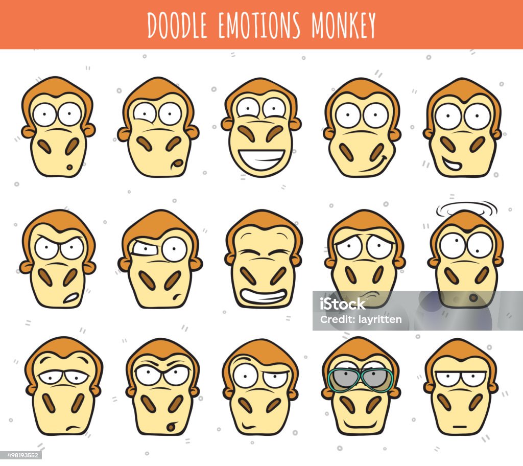 Set 15 doodle heads of monkeys with different emotions. Set from 15 doodle of the heads of monkeys with different emotions. Symbol of new year. Monkeys for festive and corporate design. Elements of design of labels, cards, brochures, inscriptions. 2015 stock vector