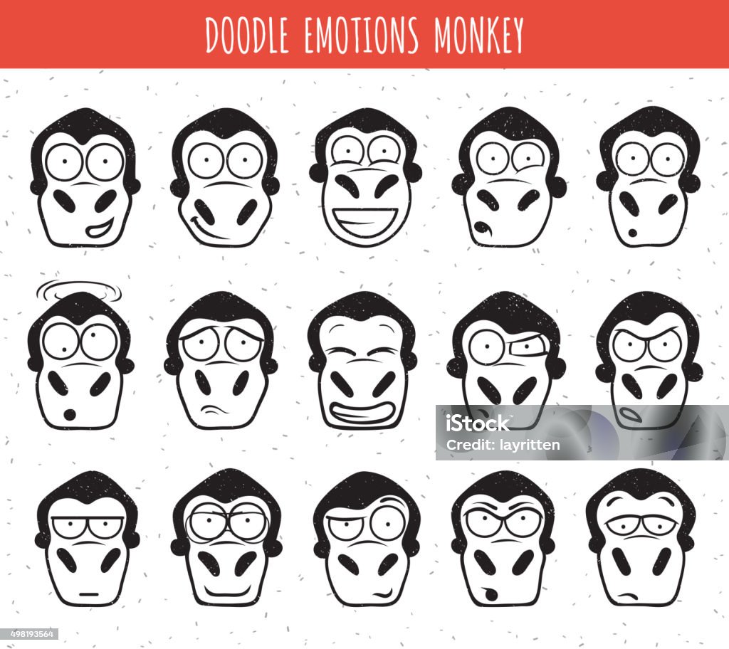 Set 15 doodle heads of monkeys with different emotions. Set from 15 doodle of the heads of monkeys with different emotions. Symbol of new year. Monkeys for festive and corporate design. Elements of design of labels, cards, brochures, inscriptions. 2015 stock vector