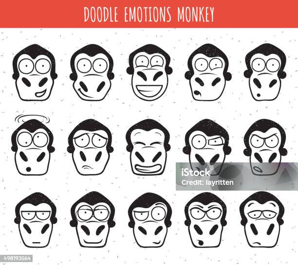 Set 15 Doodle Heads Of Monkeys With Different Emotions Stock Illustration - Download Image Now