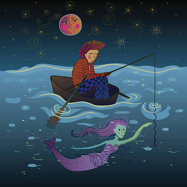 fisherman and mermaind under the moon vector art illustration