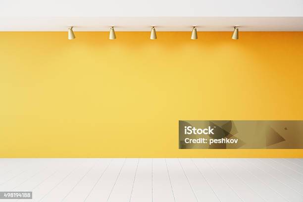 Empty Interior With Orange Wall And White Floor Stock Photo - Download Image Now - Wall - Building Feature, Yellow, Art Museum