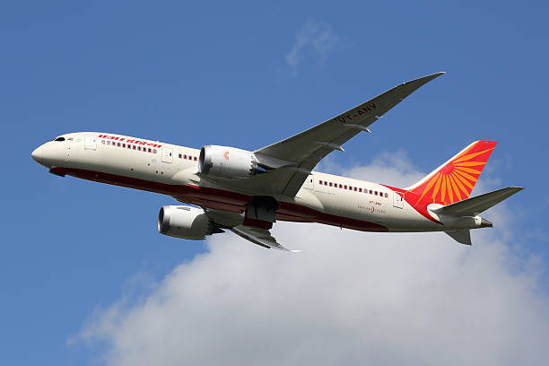 Air India Boeing 787-8 Dreamliner airplane London, United Kingdom - August 28, 2015: An Air India Boeing 787 with the registration VT-ANV taking off from London Heathrow Airport (LHR) in the United Kingdom. Air India is the flag carrier airline of India headquartered in New Delhi. india airport stock pictures, royalty-free photos & images