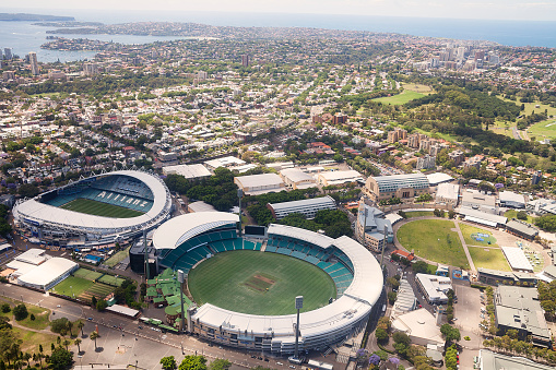 Sydney, Australia - November 9, 2015: Aerial view of the city and Sydney Olympic Stadium known as Allianz Stadium. Next to it is Sydney Cricket ground.