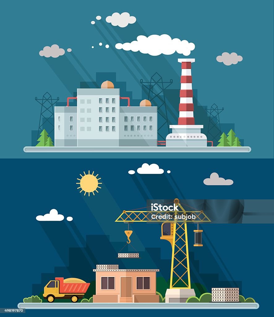 Industrial landscape. central nuclear y factory, lo cual plano medio - arte vectorial de 2015 libre de derechos