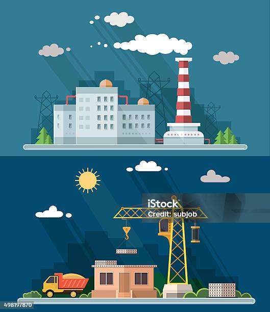 Ilustración de Industrial Landscape Central Nuclear Y Factory Lo Cual Plano Medio y más Vectores Libres de Derechos de 2015