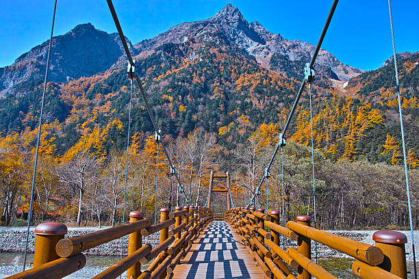 outono de kamikochi, myoujin bridge (sem pilotos - kamikochi national park - fotografias e filmes do acervo