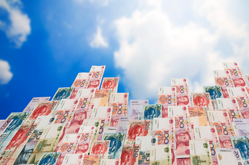 Wealth of China,China,Macao and hong kong money bills in building perspective shape