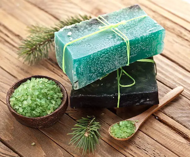 Pine soap with sea-salt and branch of pine.
