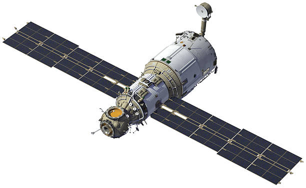estação espacial com painel solar aberto. - solar panel imagens e fotografias de stock