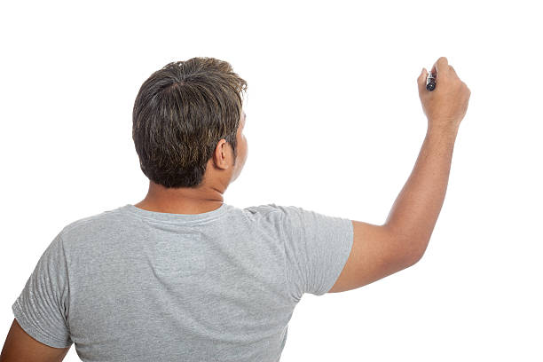 istock Back of Asian strong man  write in the air 498209483