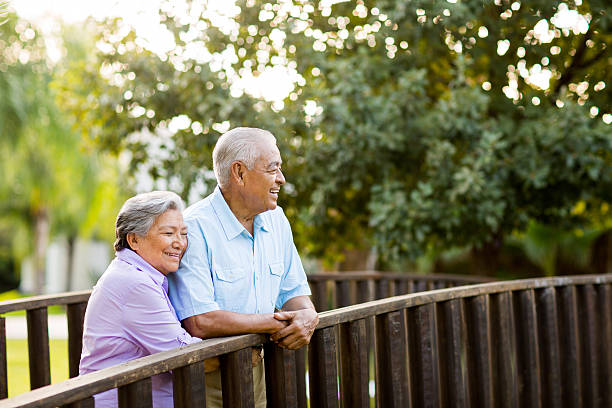 istock Senior wife hugging husband on bridge 498210167