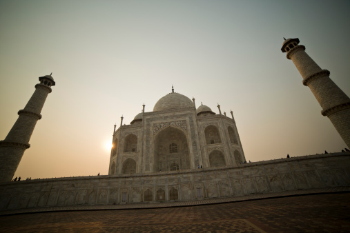 Low angle view of the Taj Mahal at sunset time.