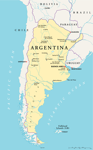 Political map of Argentina with capital Buenos Aires, national borders, most important cities, rivers and lakes. Vector illustration with English labeling and scaling.