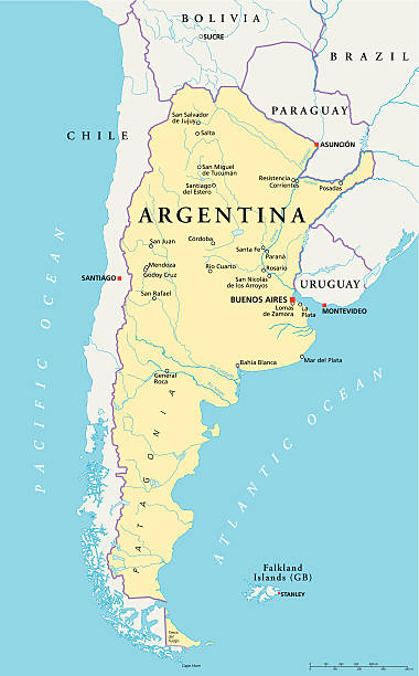 Argentina Political Map Political map of Argentina with capital Buenos Aires, national borders, most important cities, rivers and lakes. Vector illustration with English labeling and scaling. argentina stock illustrations