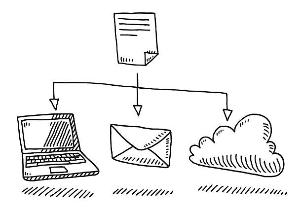 illustrazioni stock, clip art, cartoni animati e icone di tendenza di condivisione dei file di disegno portatile mail cloud - infographic vector sharing arrow sign