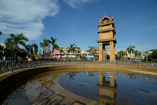 The clock tower in the center of the capital Amnat Charoen of the province of Amnat Charoen northwest of Ubon Ratchathani in the northeast of Thailand in South East Asia.