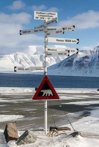 Polar bear crossing with signs of distances to major cities around the world. Image shows white mountains in the background in this arctic climate. the signs are tied to the ground so the wind dosent blow them away. The signs are taken against a clear blue sky. the signs is located outside Logyearbyen airport.