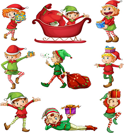 Illustration of the playful Santa elves on a white background