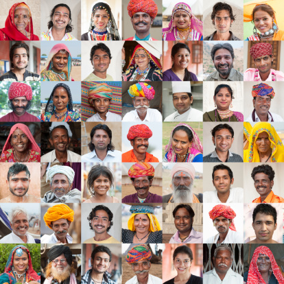 Collage of Indian faces. 49 different people. Variation, diversity.