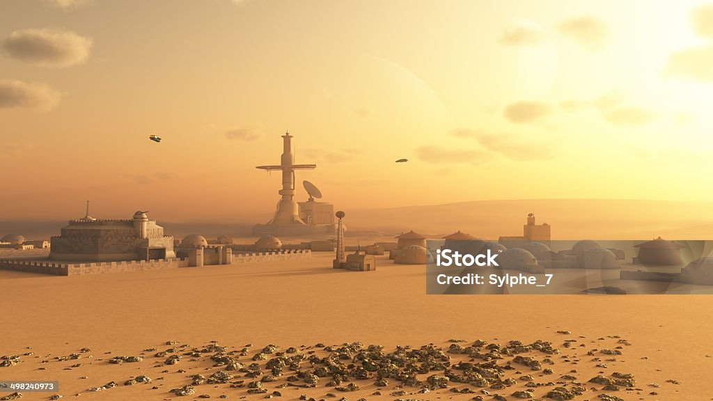 Martian Desert Colony Science fiction illustration of a future colony settlement on Mars, 3d digitally rendered illustration Mars - Planet Stock Photo