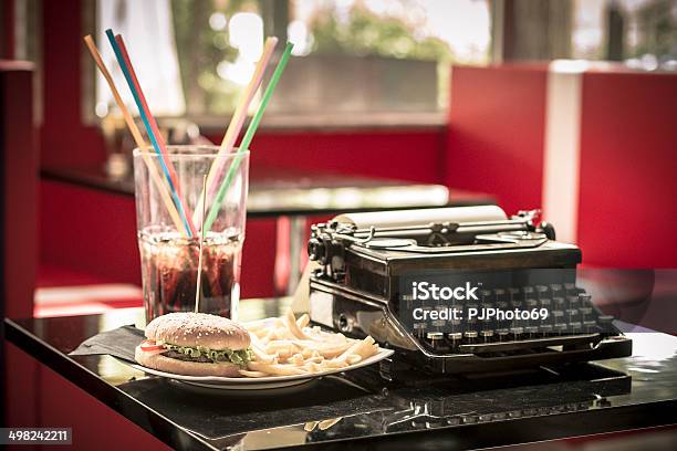 50s Style Typewriter And Hamburger Stock Photo - Download Image Now - 1950-1959, American Culture, Antique