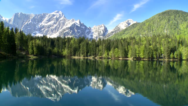 WS AERIAL Lake With Mountain In Background