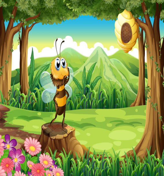 ilustraciones, imágenes clip art, dibujos animados e iconos de stock de tocón en la selva con una abeja - grass branch wealth forest
