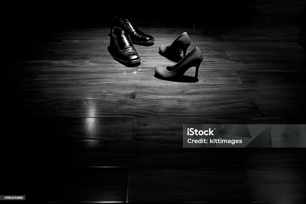 Couple shoes on dance floor in black and white Tango - Dance Stock Photo