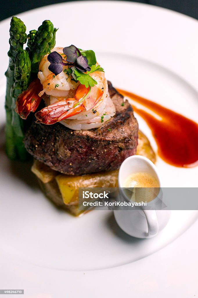 Filet Mignon w/ Shrimp Filet Mignon with sautéed shrimp, smoked  Gourmet Stock Photo