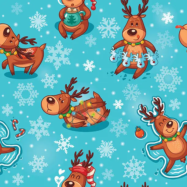 Vector illustration of Christmas deers in cartoon seamless pattern