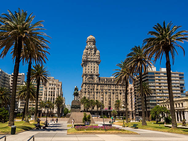 Palacio Salvo seen from Plaza Independencia in Montevideo, Uruguay stock photo