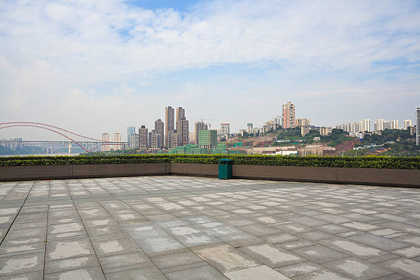 istock Empty marble floor with city building background 498249692